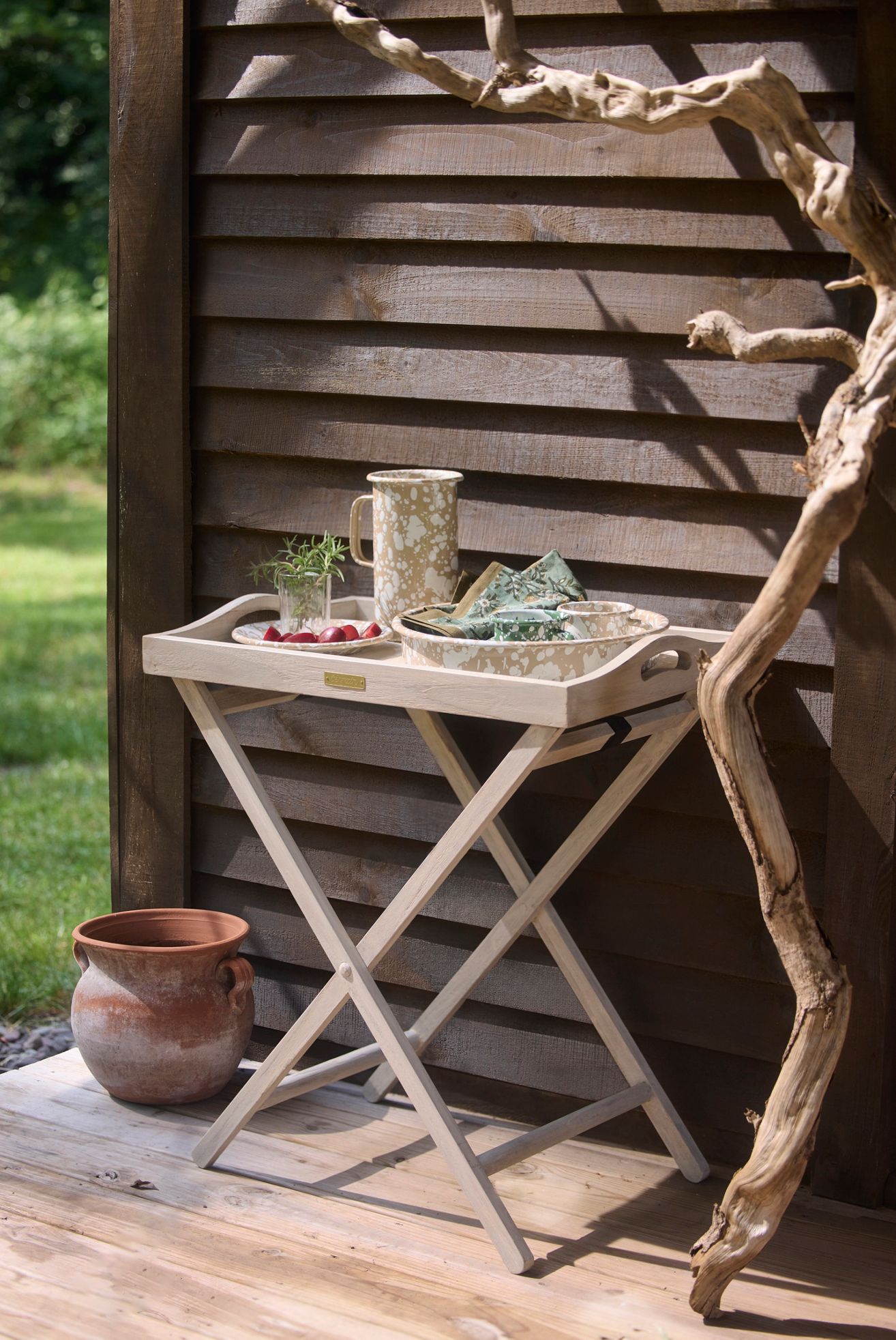 Folding Teak Tray Table - Grey