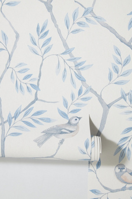 Crossbill Light Blue Floral Bird Wallpaper - Thumbnail 3
