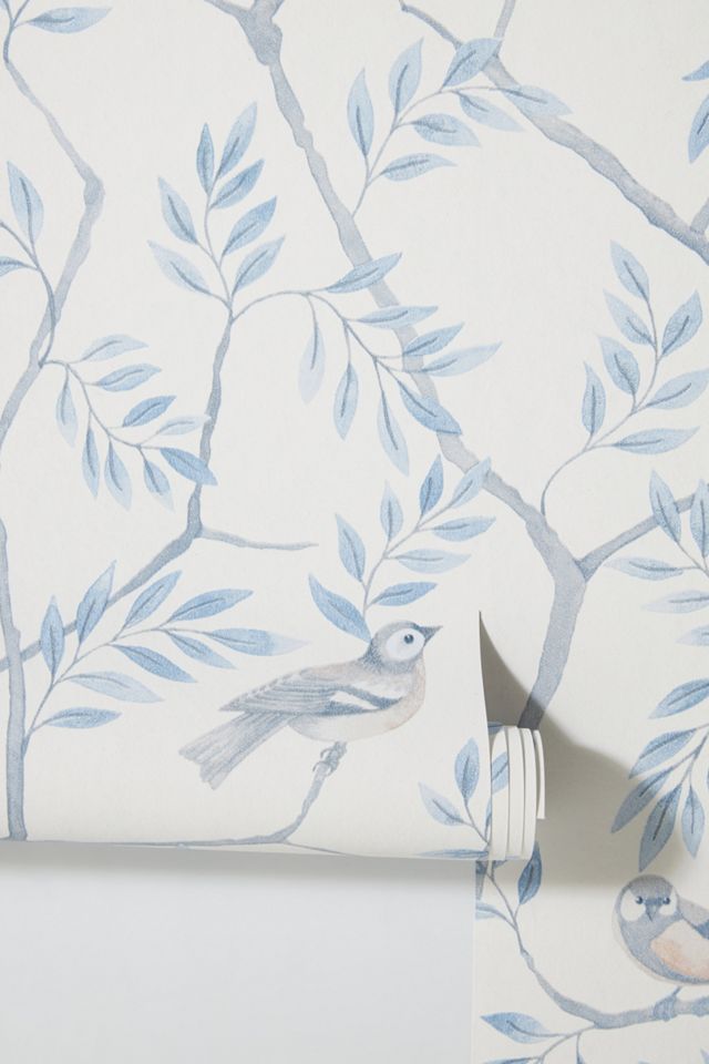 Crossbill Light Blue Floral Bird Wallpaper #1