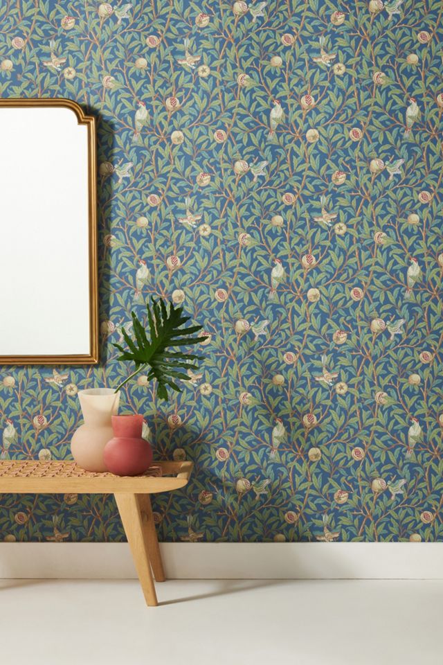 Floral pomegranate print wallpaper in light blue and brown