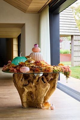 Glass Top Teak Root Round Dining Table