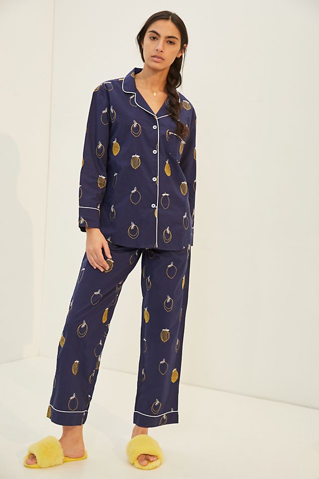 Lemon Drop Embroidered Pajama Set | Anthropologie