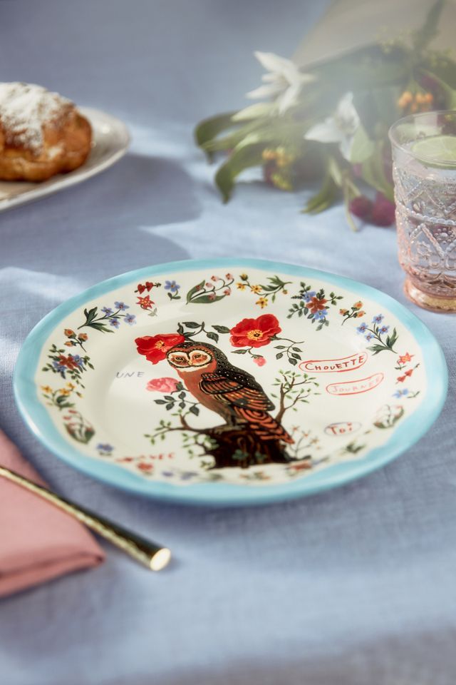 NEW Nathalie Lete Anthropologie Owl Feathers Flowers Berries 8.25” Dessert  Plate