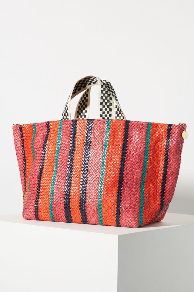 Clare V: Bateau Tote: Natural & Blood Orange Multi Oversized Checker —  ALCHEMY MARIN