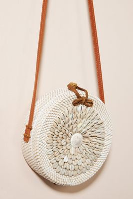 Shell-Embellished Rattan Crossbody Bag