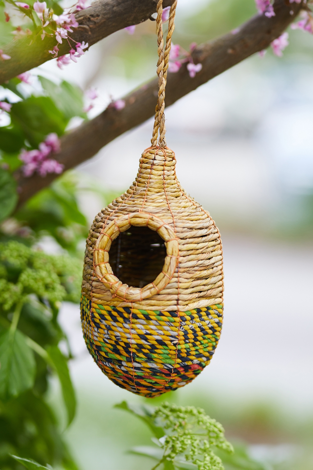 Recycled Sari Fabric + Seagrass Bird House, Oval