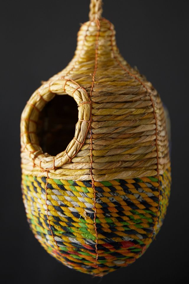 Recycled Sari Fabric + Seagrass Bird House, Oval #1
