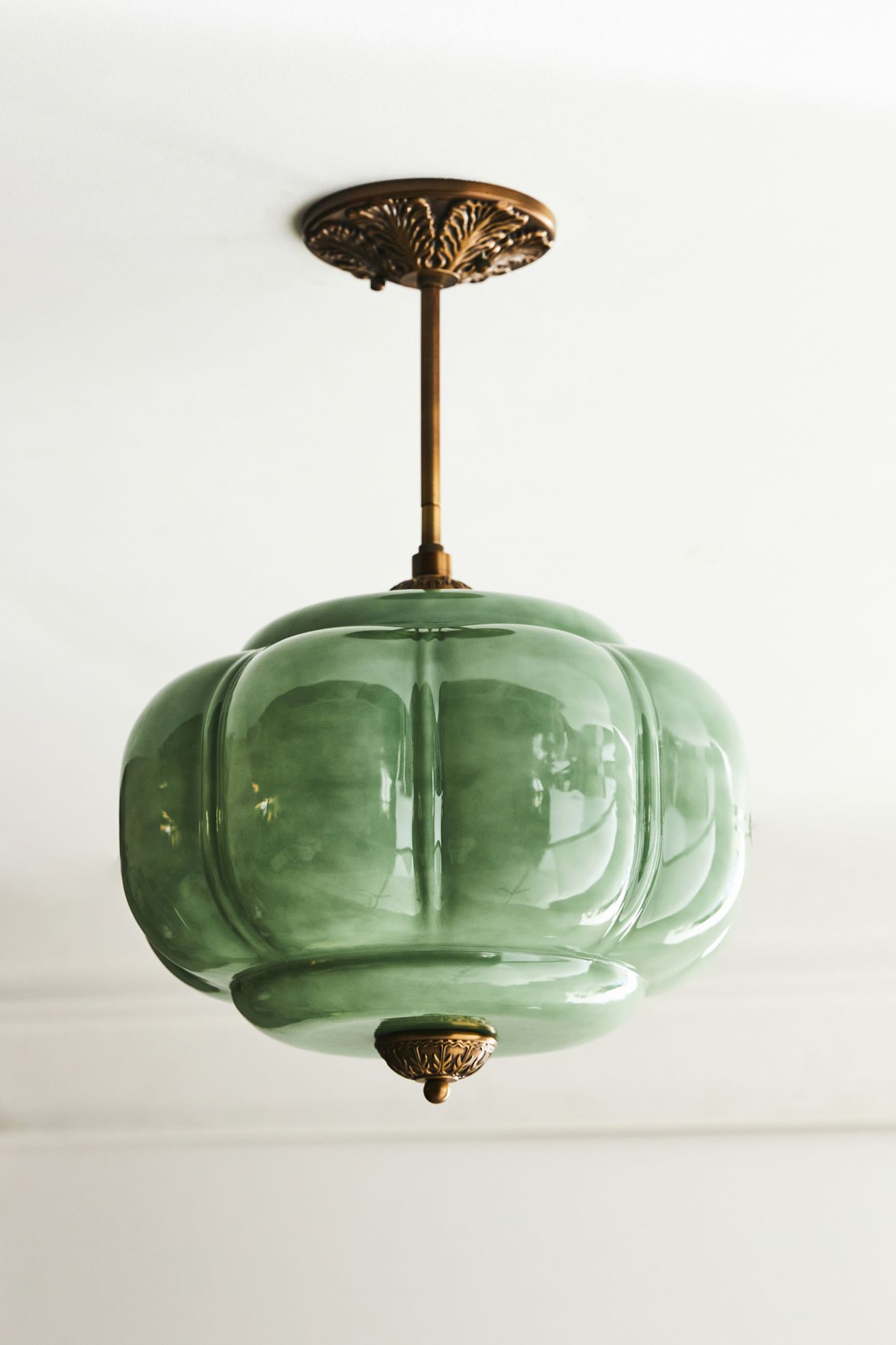 The Eloise Scallop Milk Glass Semi-Flush Mount Ceiling Light - Green Glass / Brass, Standard, One Size