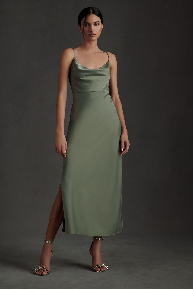 BHLDN Cali Satin Cowl Neck Midi Slip Dress