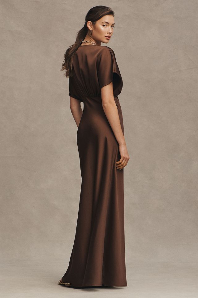 BHLDN Leila Deep-V Flutter-Sleeve Satin A-Line Gown #2