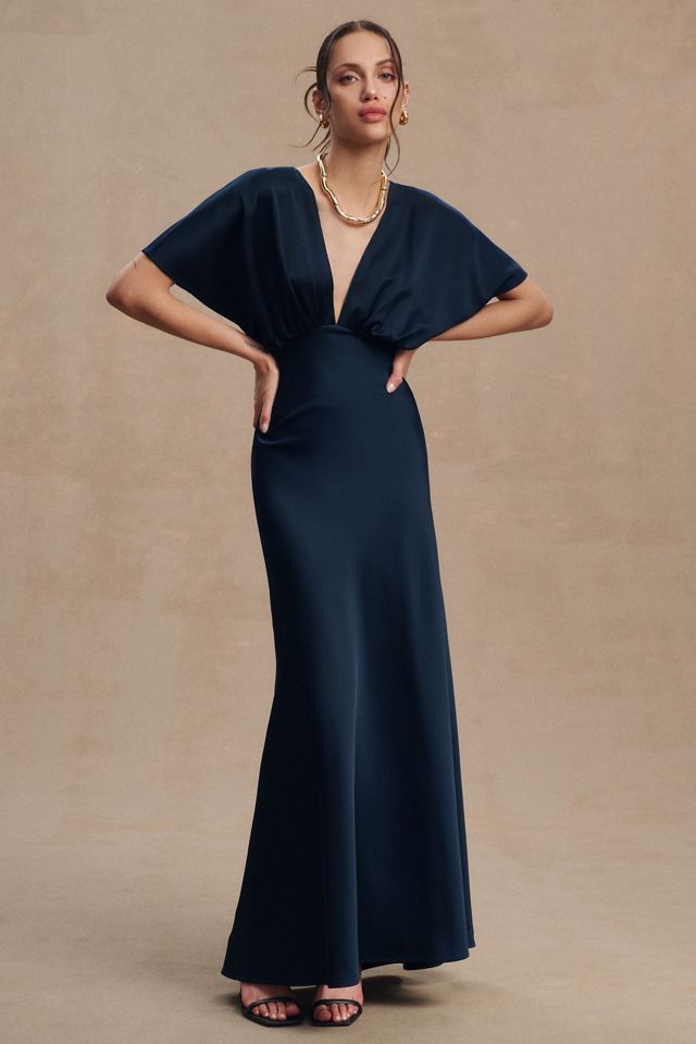 Svelte Plunging V-Neck Satin A-Line Gown  11330
