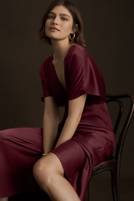 BHLDN Leila Deep-V Flutter-Sleeve Satin A-Line Gown