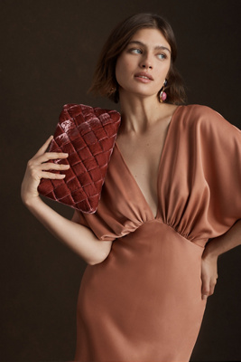 BHLDN Leila Deep-V Flutter-Sleeve Satin A-Line Gown