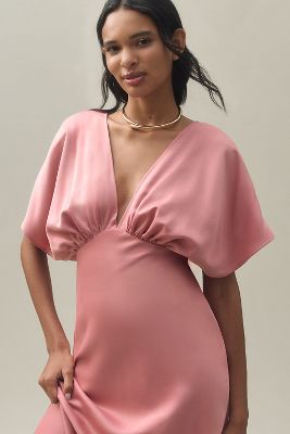 BHLDN Leila Deep-V Flutter-Sleeve Satin A-Line Gown | Anthropologie