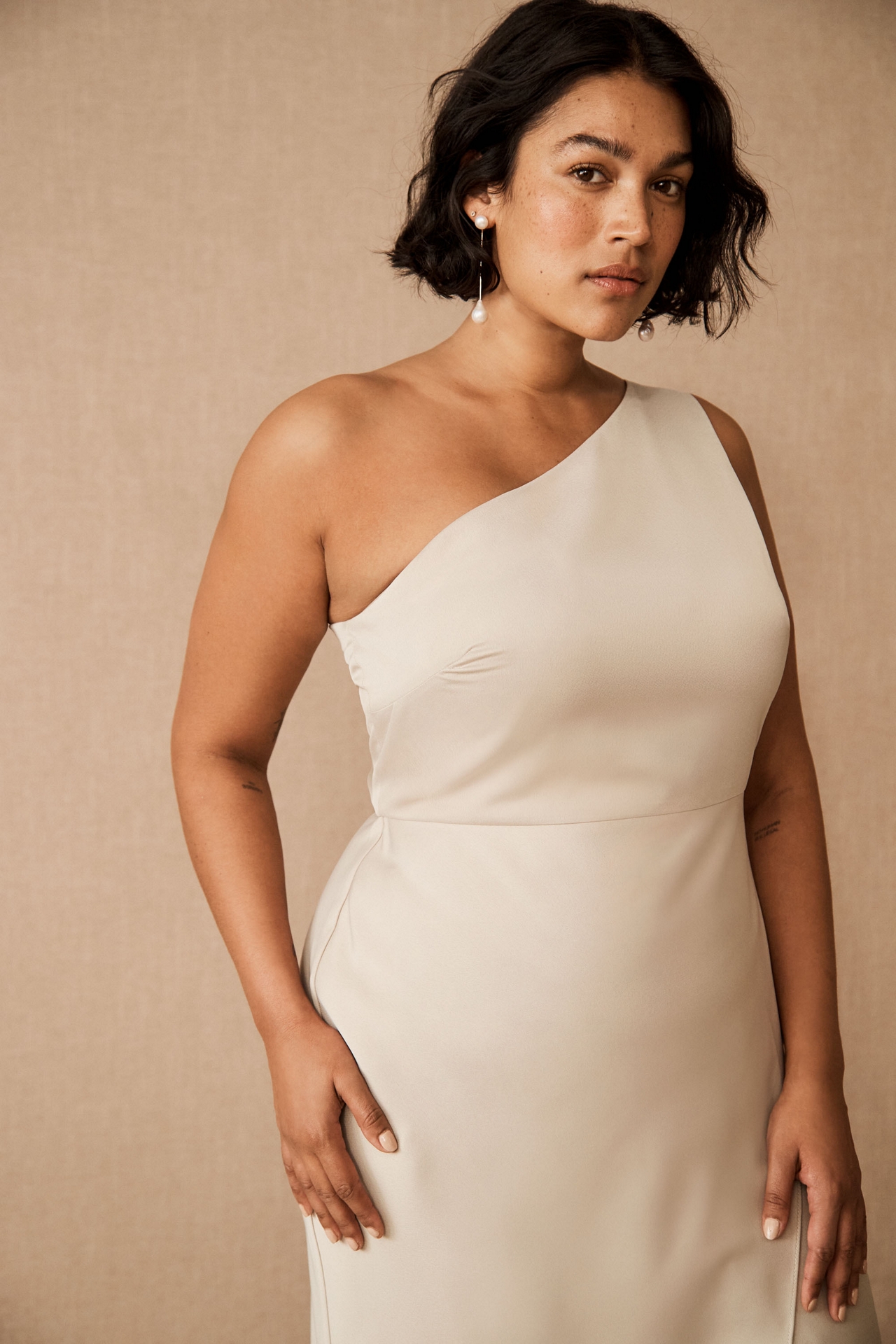 BHLDN Dylan One-Shoulder Satin Side-Slit Gown