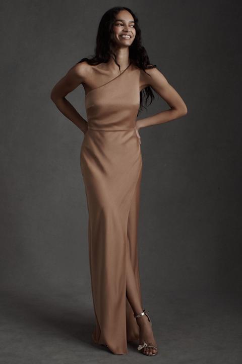BHLDN Dylan One-Shoulder Satin Side-Slit Gown
