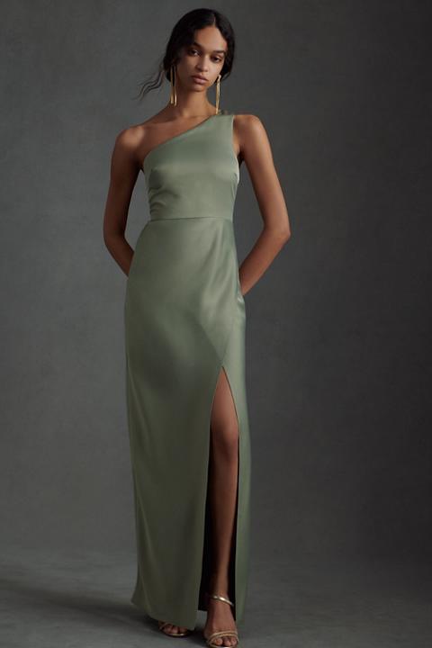 BHLDN Dylan One-Shoulder Satin Side-Slit Gown
