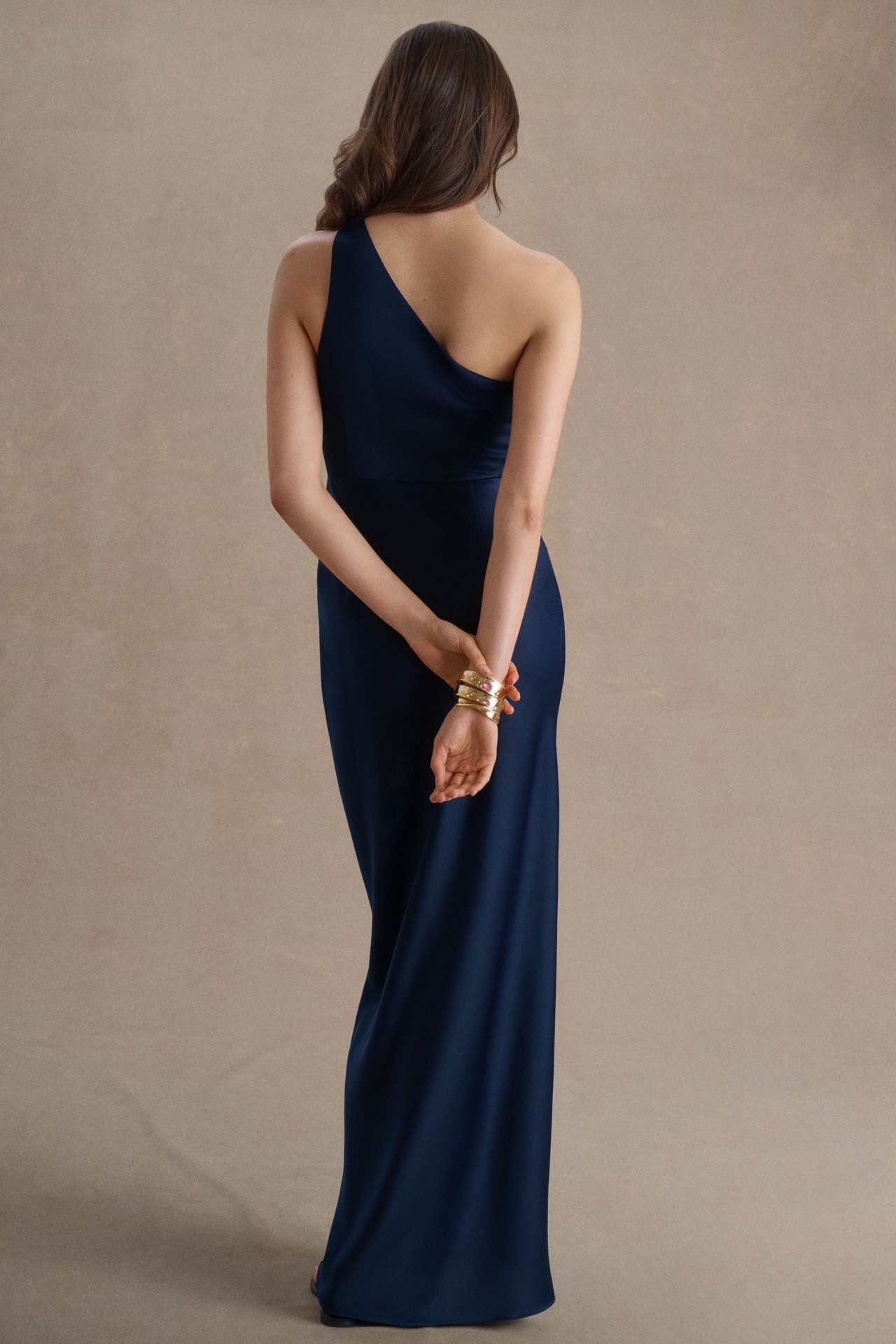 BHLDN Dylan One-Shoulder Satin Side-Slit Gown
