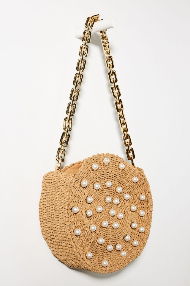 Chain Link Embellished Straw Tote Bag