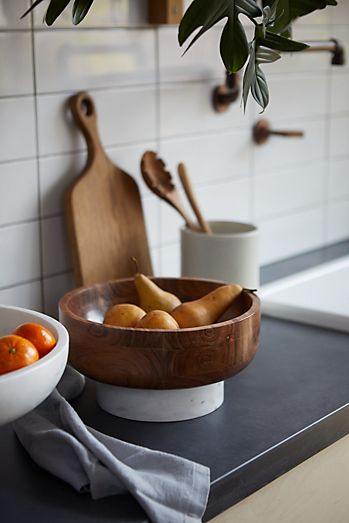 Wood + Marble Footed Serving Bowl