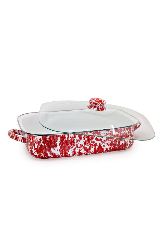 Red Porcelain Enamel Rectangle Roasting Pan with Glass Lid