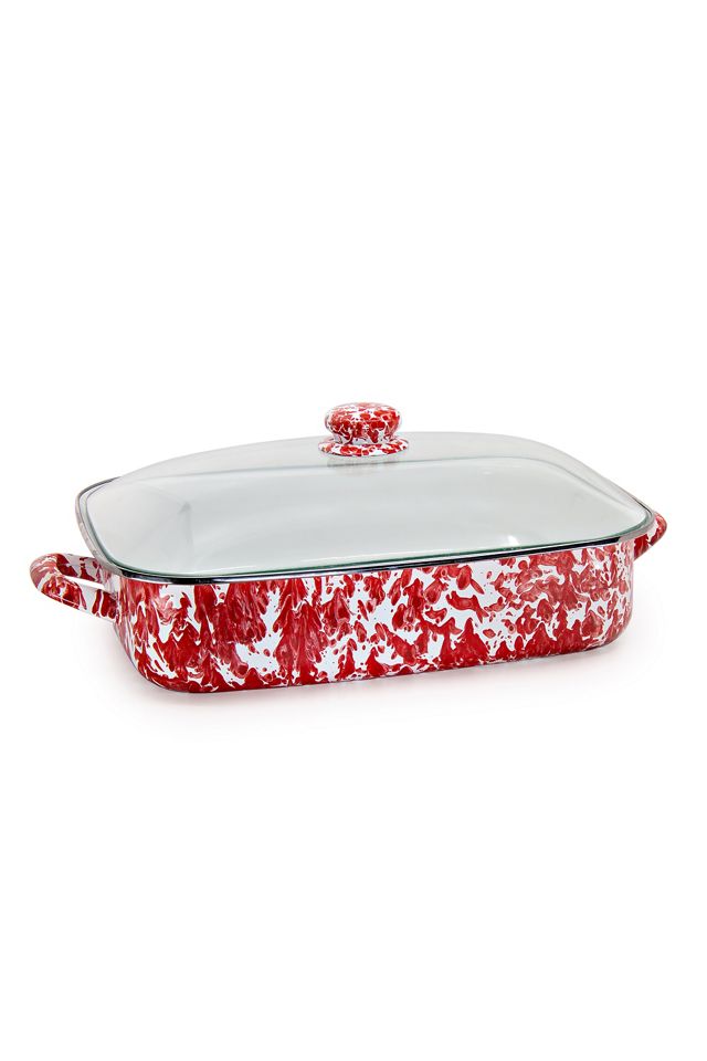 Red Porcelain Enamel Rectangle Roasting Pan with Glass Lid