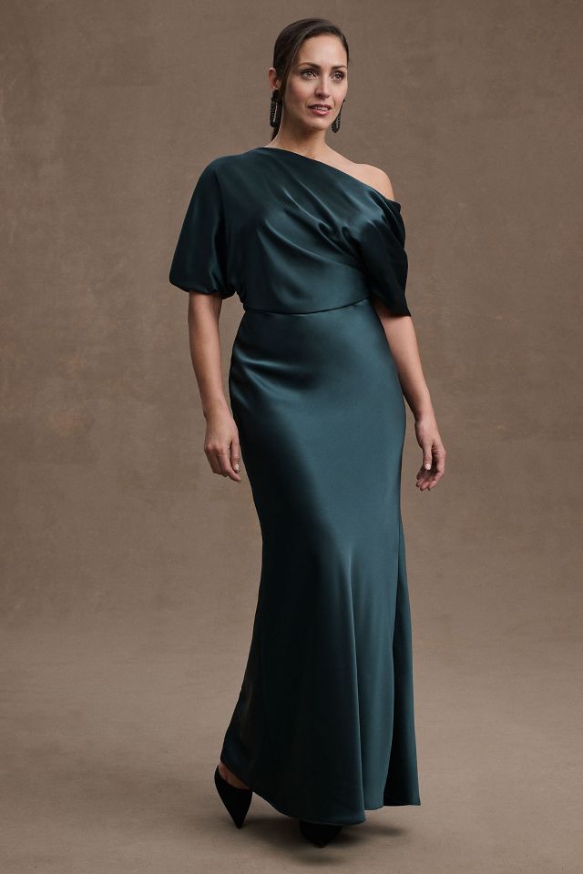 Amsale Pryce Off-Shoulder Satin Column Gown  Mother of the bride dresses  long, Bridesmaid dresses plus size, Column dress