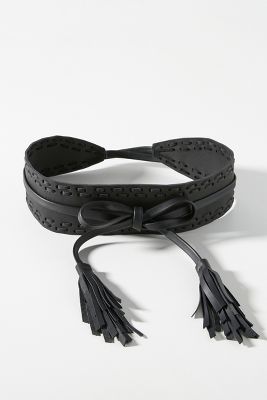 Ada Stitched Fringe Wrap Belt In Black