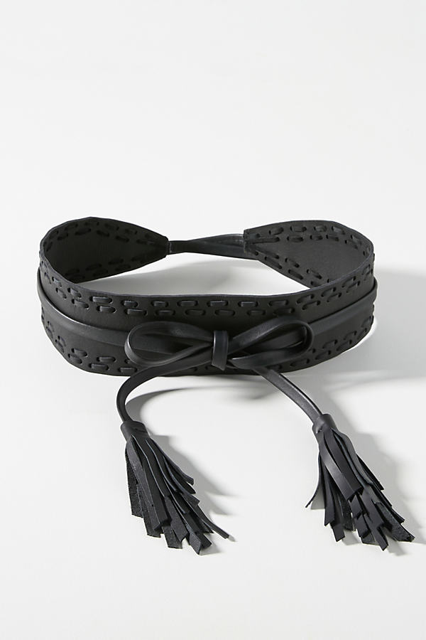 Ada Stitched Fringe Wrap Belt In Black
