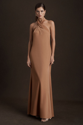 Shop Bhldn Ruby Twist Halter Satin Gown In Beige