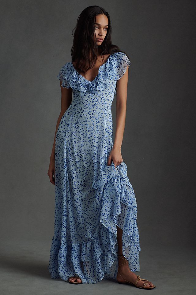 bhldn asha flutter sleeve v neck chiffon maxi dress Flutter-Sleeve V-Neck Size 30 BHLDN Flutter-Sleeve Plunge Maxi Dress