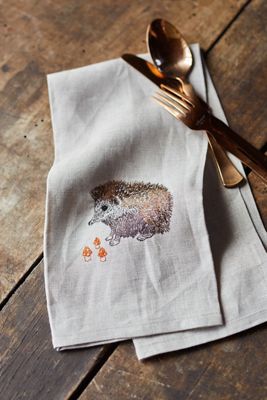 Hedgehog + Mushrooms Linen Dish Towel
