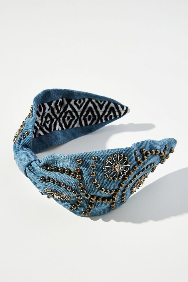 Anthropologie Denim Embellished Headband Namjosh Pearly Flower Denim Headband In Blue | ModeSens main image 3