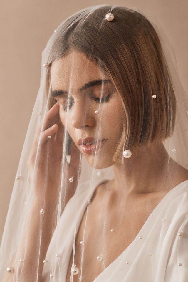 Twigs & Honey Pearl Bridal Veil - Evenly Spaced Small Pearl Veil - Style #969 Light Ivory / 26 Blusher