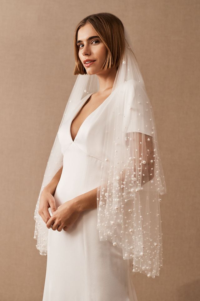 Twigs & Honey Pearl Bridal Veil - Evenly Spaced Small Pearl Veil - Style #969 Light Ivory / 26 Blusher