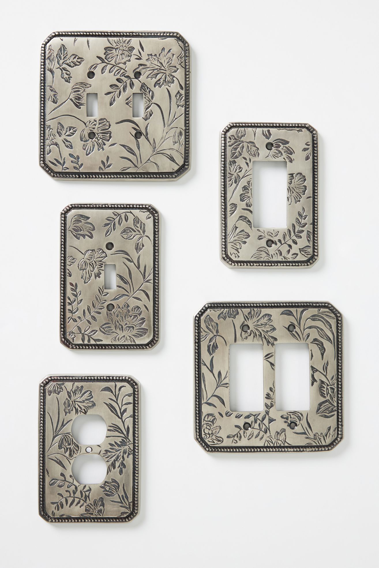 Joan Etched Metal Floral Switch Plate - Antique Silver, DOUBLE TOGGLE