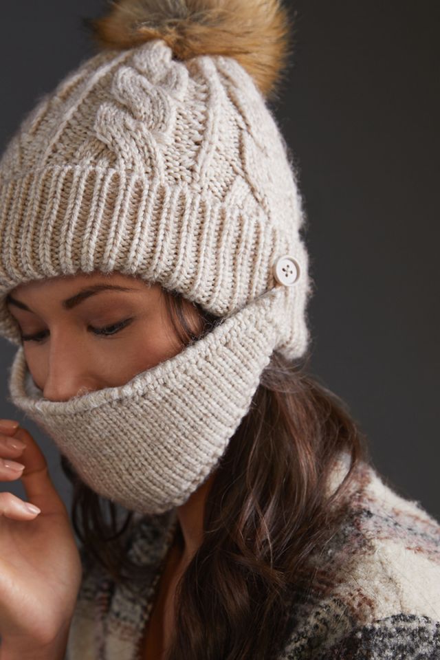 Faux Fur Pommed Face Mask Beanie | Anthropologie display picture 1