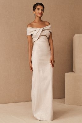 Teri Jon Yvonne Twist-Front Off-Shoulder Column Gown | Anthropologie