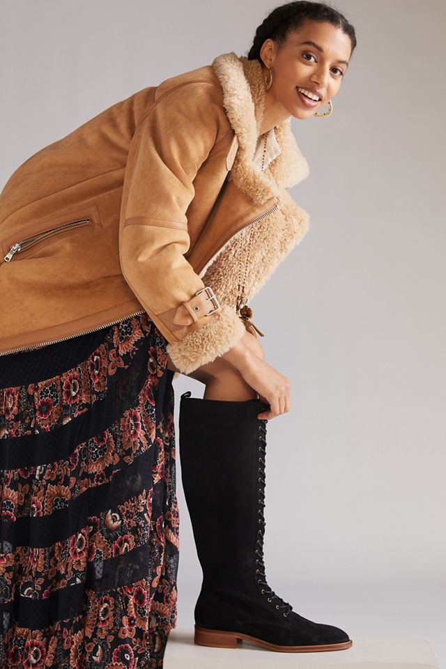 suede lace up knee high boots