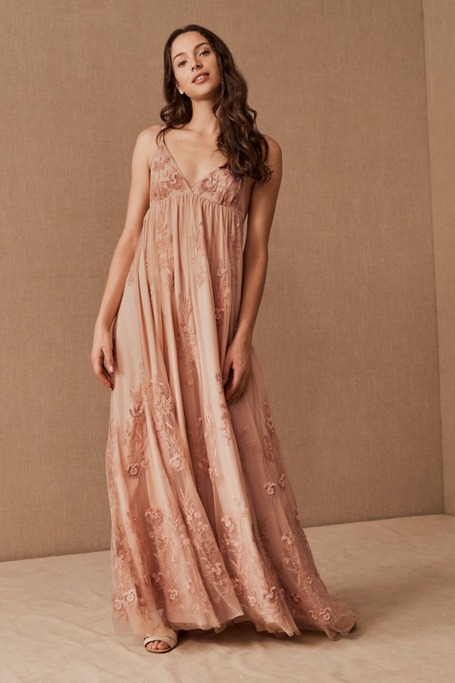 knee length dresses for ladies Long Beaded Primavera Gown with Long Bell Sleeves