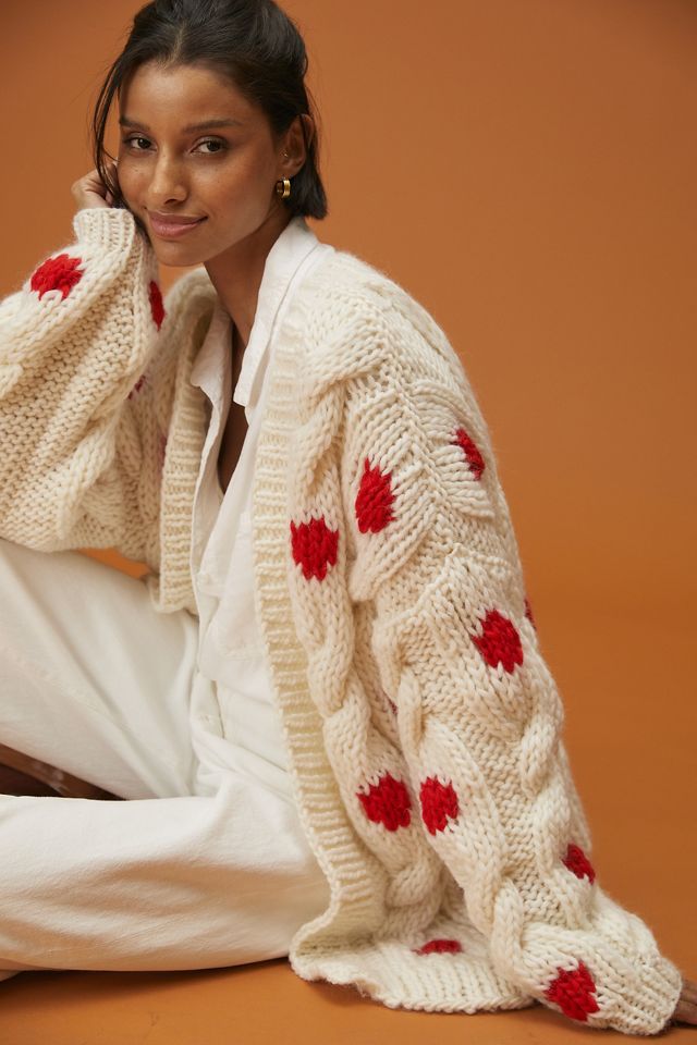 Polka Dot Cable Knit Wool Cardigan Anthropologie