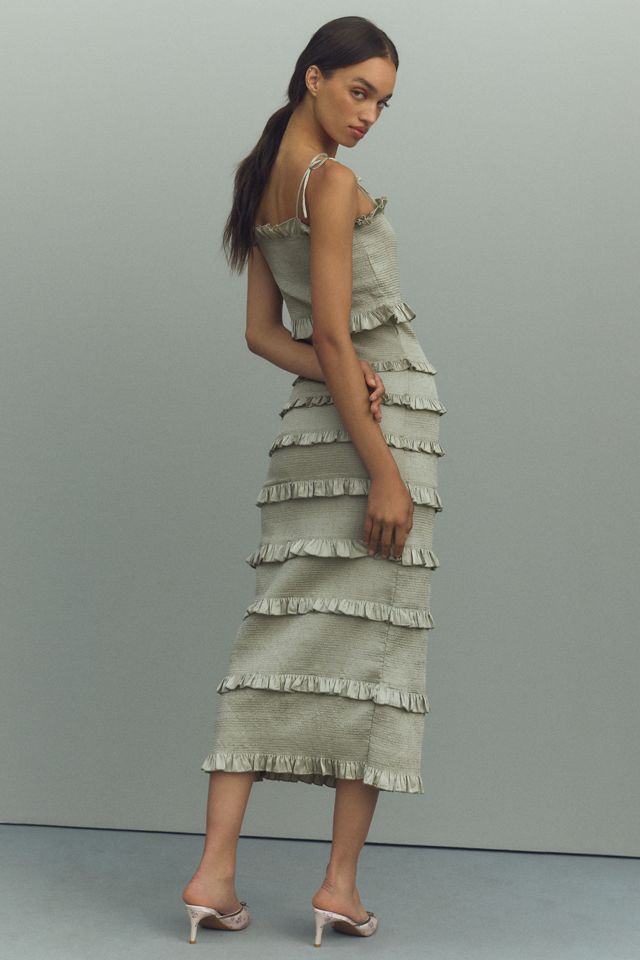 V. Chapman Lily Ruched & Ruffled Stretch Satin Midi Dress #1