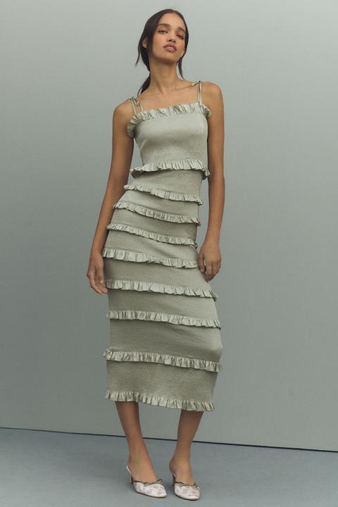 V. Chapman Lily Ruched & Ruffled Stretch Satin Midi Dress