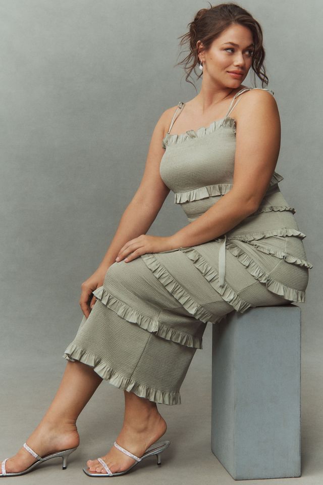 V. Chapman Lily Ruched & Ruffled Stretch Satin Midi Dress #8