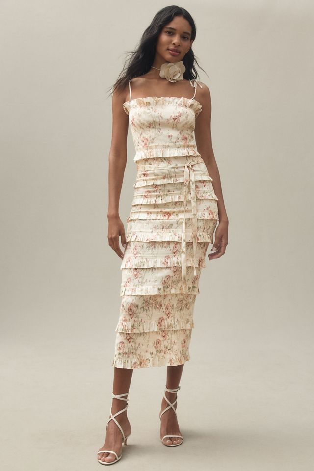 V. Chapman Lily Ruched & Ruffled Stretch Satin Midi Dress | Anthropologie