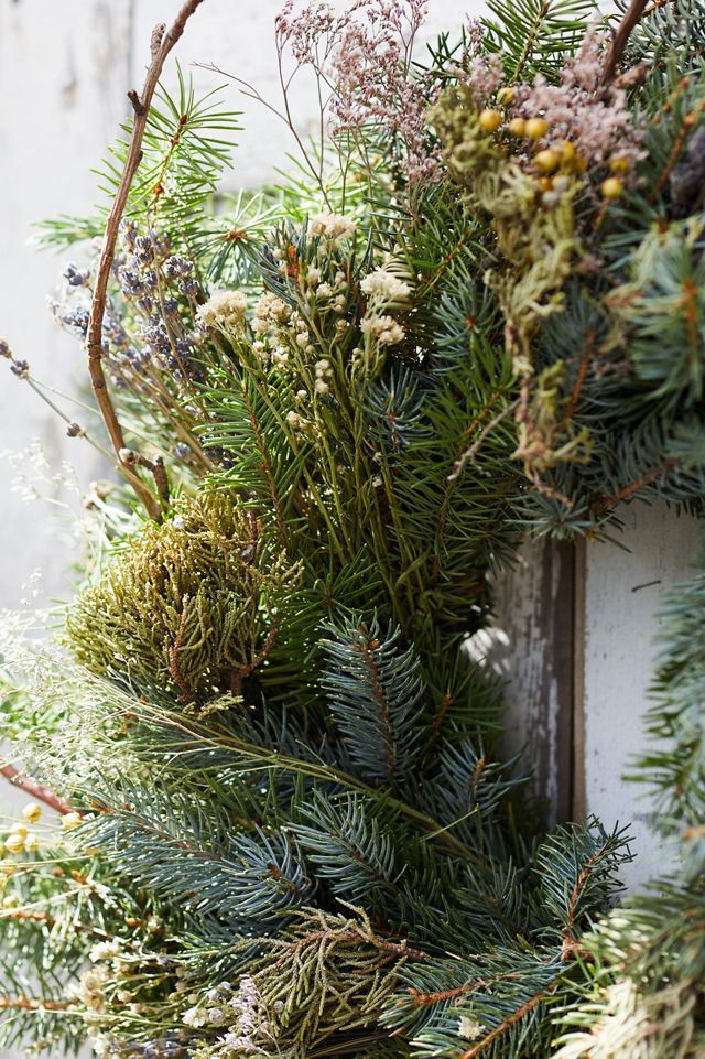 Fresh Noble Fir, Apple Branch, Flax + Lavender Wreath #3