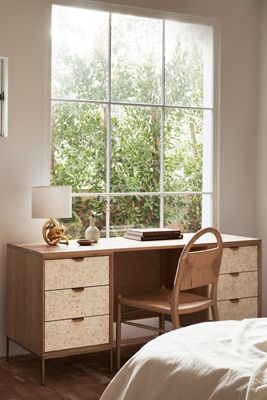 Pisces Bone Inlay & Oak Six-Drawer Desk 