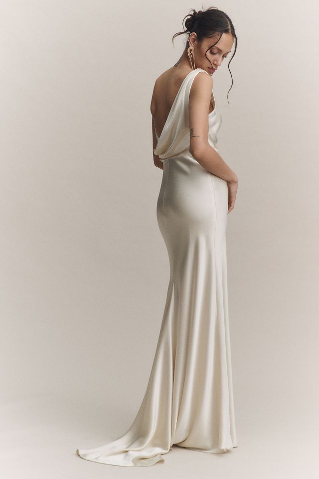 Watters Mirall Cowl-Neck Button-Slit Satin Sheath Wedding Gown ...