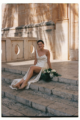 Watters Mirall Cowl-Neck Button-Slit Satin Sheath Wedding Gown