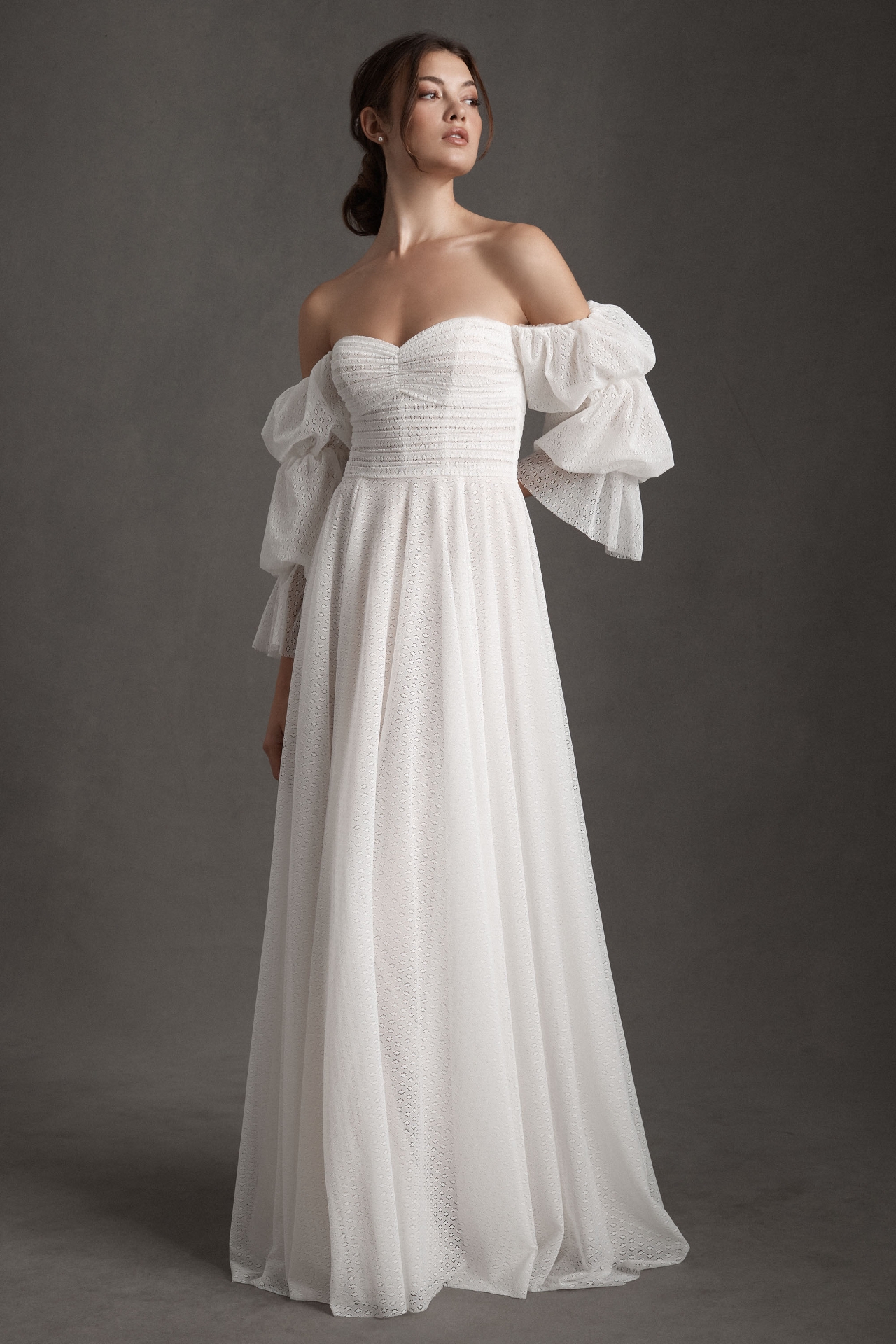 Willowby by Watters Cameron Tiered-Sleeve Off-Shoulder Mesh Column Wedding Gown